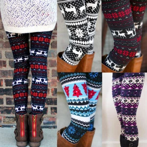Womens Warm Thick Leggings Christmas Snowflake Patterned Pant Xmas Tree Reindeer - Picture 1 of 11