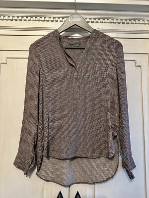 Camisa Vince feminina marrom bronzeado padrão 100% seda gola V manga longa blusa tamanho 2 - Imagem 1 de 4