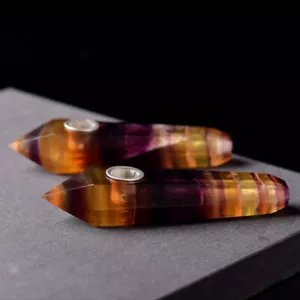 2 Stck. Natürlicher Gelb Fluorit Quarz Kristallspitze Stab Rauchrohr mit Hartmetallloch - Bild 1 von 10
