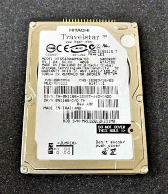 HTS548040M9AT00 Hitachi Travelstar 40GB 5.4K 8MB 2.5" ATA/IDE Laptop Hard Drive - Image 1 of 2