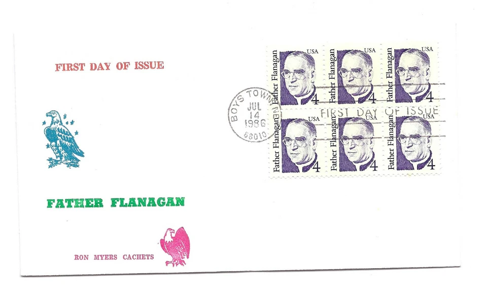 2171 4c Father Flanagan, Ron Myers Cachets, block of 6, FDC - Image 1 of 1