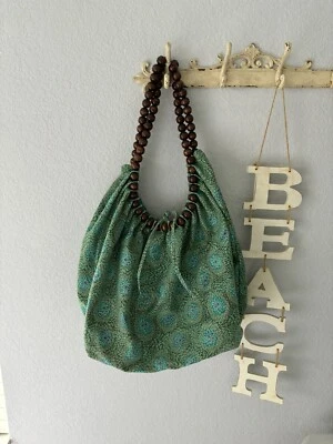 Charming Charlie Green/Turquoise/Purple Boho Tote Bag Double Wooden Bead Handles - Image 1 of 4