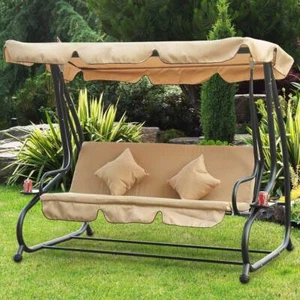 Dondolo Letto da Giardino 3 Posti Tetto Reclinabile Cuscini Beige 200x126x170 cm - Foto 1 di 5