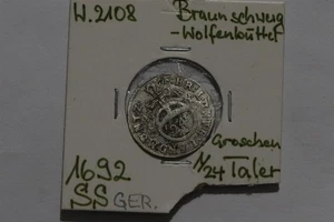 🧭 🇩🇪 GERMANY BRAUNS-WOLF. 1/24 THALER 1692 SILVER B86 WP14 - Picture 1 of 4