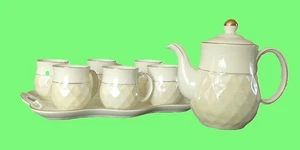 Tea Set for 6, Hand-Painted Bone China in Cream & Gold, by Royal Ceramics - Picture 1 of 12