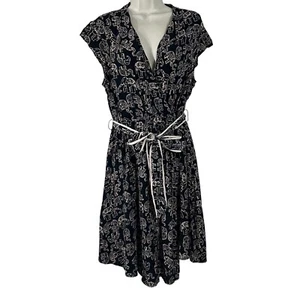 Maeve Anthropologie Women's Dress Black Elephant Belt Faux Wrap Midi Size M - Picture 1 of 13