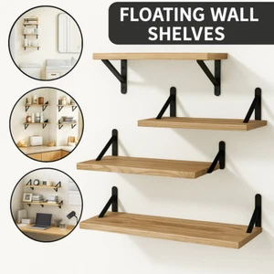 Floating Wall Shelves Set of 4 Rustic Wood Storage for Bathroom Bedroom Kitchen - Picture 1 of 8
