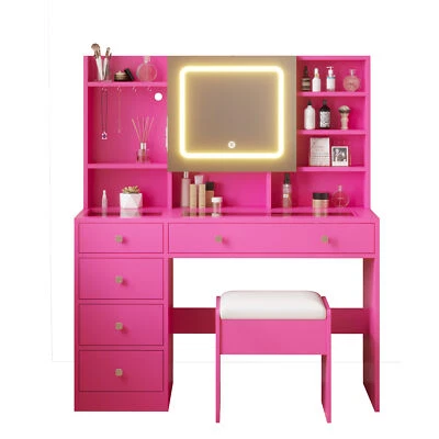 Barbie Pink Five-Drawer Dressing Table Set with LED Three-Color Dimmable Light - Image 1 of 4
