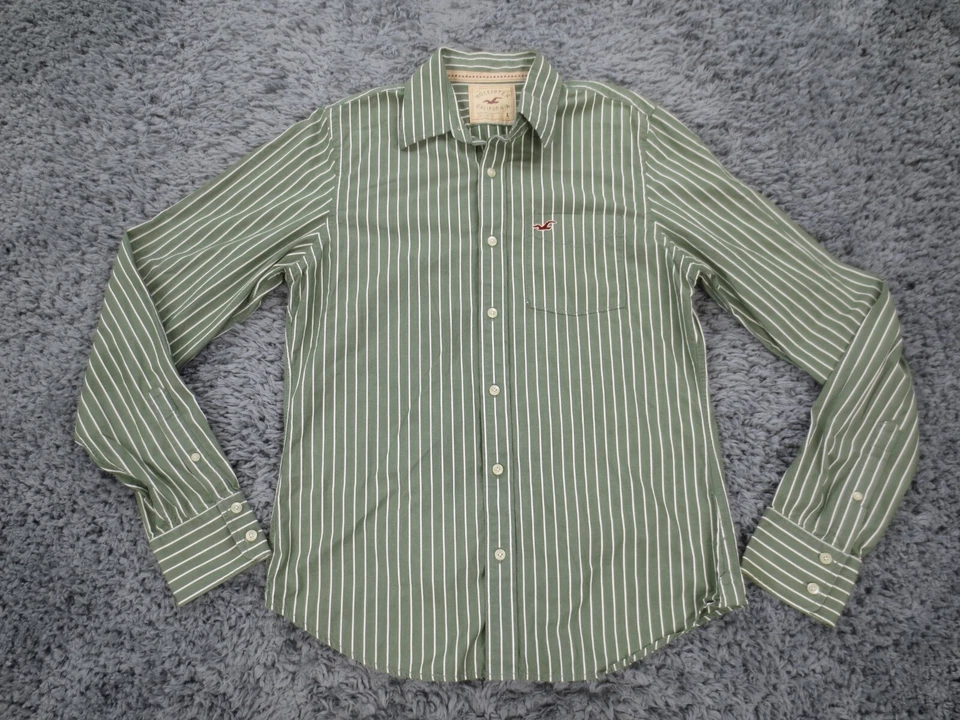 Hollister Shirt Mens Large Green Striped 100 Cotton Long Sleeve Button Up Logo - Image 1 of 4