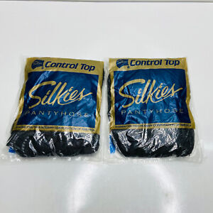 Silkies Control Top 2 Pair Pantyhose Queen Size Off Black Support Leg New 