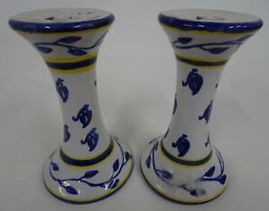 Pair Matching Ceramic Blue Yellow Floral 6" Taper Candle Holders Wangs Intl
