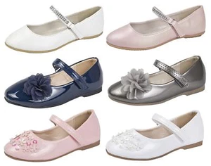 Girls Party Shoes Flower Diamante Ballet Pumps Adjustable Ballerinas Kids Size - Picture 1 of 13