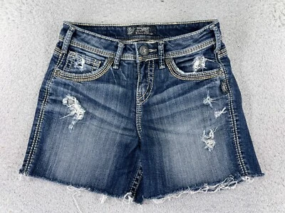 Pantalones Cortos Plateados Para Mujer 25 Azul Denim Jean Corte Suki Alto Corto Envejecido 25x5 Foto 1 de 4