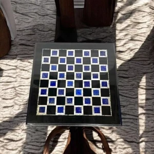 12" Black Marble Square Chess Set with Lapis Lazuli Inlay Handmade Stone Art Dec - Picture 1 of 8