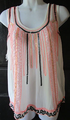 Buttons Francesca's NWT White Pink Black Sequined Sleeveless Tank Top Sz S - Image 1 of 4