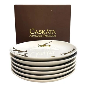 Caskata Set of 6 -6 1/4" Christmas Appetizer Snack Plates Gold Elves Instruments - Picture 1 of 4