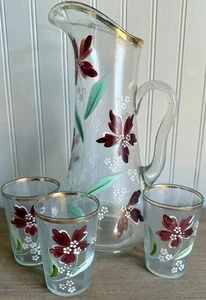 Antiguo juego de jarra y vasos victorianos de limonada con flores de vidrio soplado del siglo XIX - Imagen 1 de 11