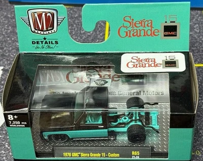 GMC Sierra Grande 15 1976 M2 Machines carrocería cuadrada personalizada verde azulado y negro sin cama R65 Foto 1 de 4