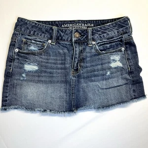 American Eagle Blue Denim Mini Skirt Size 4 Destressed Raw Hem Y2K Style EUC - Picture 1 of 8