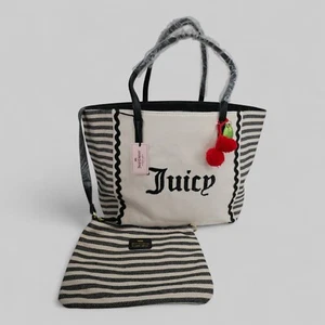 Bolso de Mano Juicy Couture Grande Cabana Playa Cartera Negro Rayas Lona y Bolsa $110 - Imagen 1 de 21