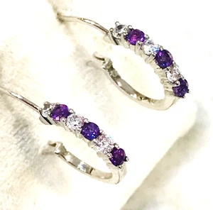 Sterling Silver Amethyst Huggie Earrings 925 CZ Purple Hoop Designer Marked 1/2“ - Picture 1 of 5