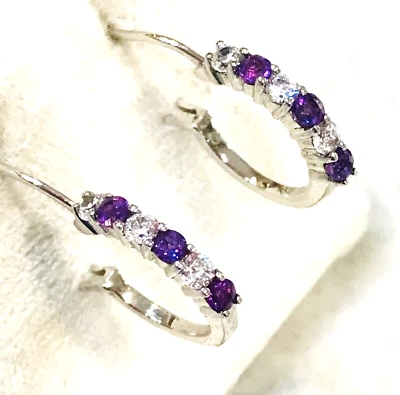 Pendientes Huggie de plata esterlina amatista 925 circonitas púrpura aro diseñador marcado 1/2"" Foto 1 de 4