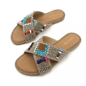 Women's Bohemian Sandals Crystal Rhinestone Embellished Multi-Color Beaded Stone - Picture 1 of 22