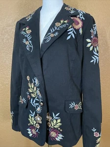 Blazer Chaqueta Negra Pequeña Bordada Floral Forrada Algodón Otoño Trabajo Informal - Imagen 1 de 13