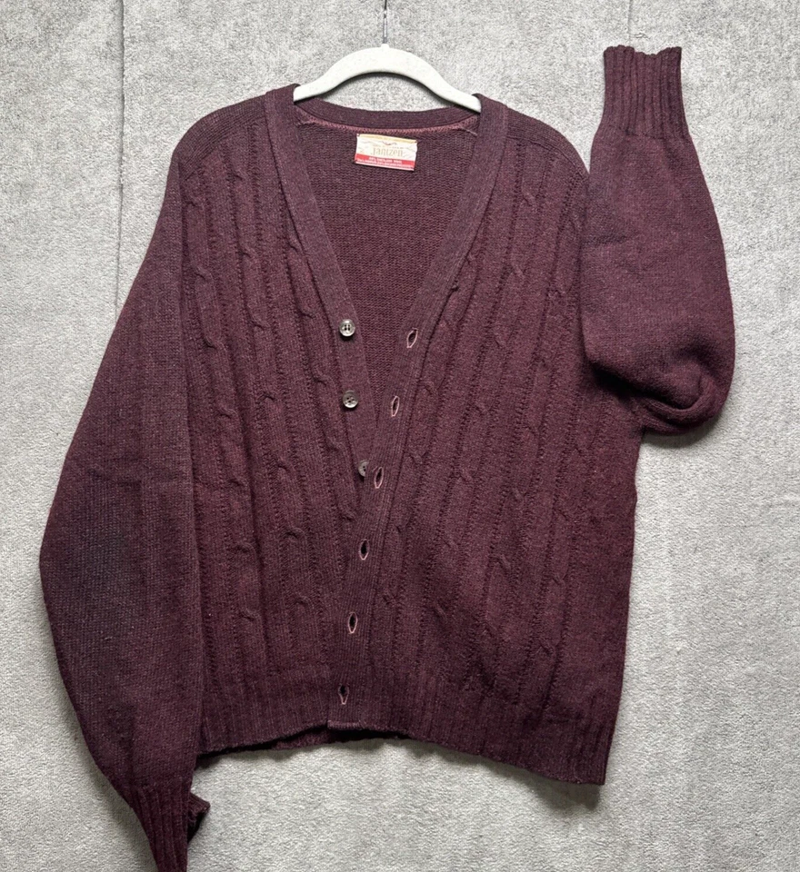 Cárdigan De Colección Años 50 Jantzen Shetland Lana Mohair XL Rojo Granate Abuelo Cable Tejido Foto 1 de 4