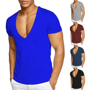 Deep V Neck Tshirt for Men Sexy Low Cut Wide Collar Top Tees Slim Fit T Shirts - Picture 1 of 16