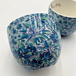 LILLY PULITZER Ceramic Mug Blue Floral Gold Handle  12 fl oz.Set of 2 - Picture 1 of 7