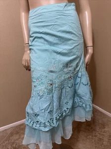 Women’s Turquoise Cotton Casual Asymmetric Bead Layered Lace Zipper Size S Skirt - Picture 1 of 24