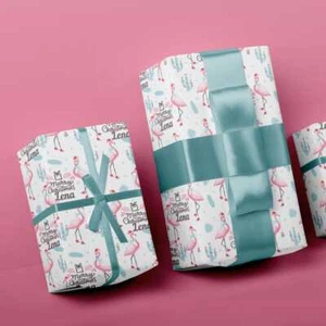 Pink Flamingo and Cactus Plants Tropical Christmas Gift Wrap with Custom Name - Picture 1 of 10