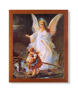 Schutzengel Kinder auf Brücke religiös Honig gerahmter Kunstdruck 16 x 20 Zoll - Bild 1 von 2