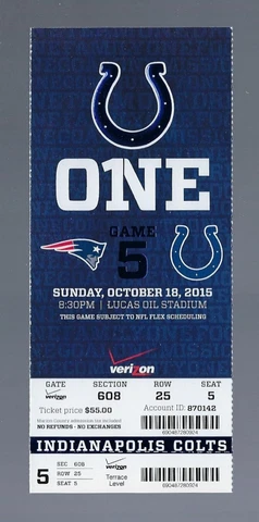 TOM BRADY & ANDREW LUCK 3 TOUCHDOWNS EACH 2015 PATRIOTS @ COLTS NFL FULL TICKET Cover