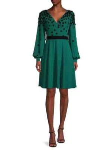 Shani Green Georgette Floral Appliquè Long Sleeve Dress Size 8 $432 - Picture 1 of 3