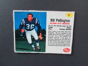 Tarjeta de fútbol americano Post Cereal 1962 cortada a mano #87 Bill Pellington - Imagen 1 de 4