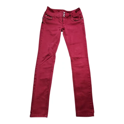Pantalones de mezclilla ajustados INK rojo granate | tiro alto de 3 botones | adornados | talla de cintura 30" Foto 1 de 4