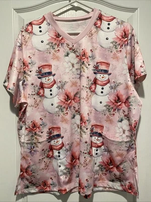 Camisa esfoliante feminina 2XL rosa floral bonecos de neve estampa top uniforme médico - Imagem 1 de 4