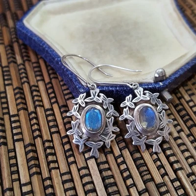 Vintage 925 Sterling Silver Earrings, Natural Labradorite Dangle, Multicoloured  - Image 1 of 4
