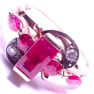 FINE Vintage 10k Gold Ring 5 NATURAL RUBIES 2 DIAMONDS 4.2g Size 6.5 - Image 1 of 4
