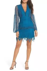 foxiedox VESTIDO DE ENCAJE AZULADO $195 GLORIA Agotado Mangas de Campana Vestido Azul 8 NUEVO CON ETIQUETAS NUEVO - Imagen 1 de 8