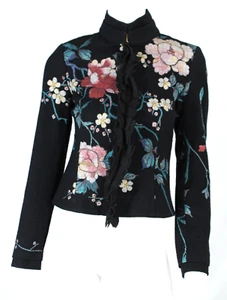 ROBERTO CAVALLI Black & Multi Floral Wool Woven Ruffled-Front Jacket 40 - Picture 1 of 8