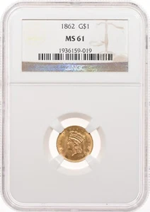 1862 $1 NGC MS61 One Dollar Gold Indian Princess Civil War Date - Picture 1 of 3