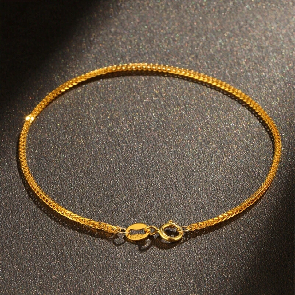 Pure 18K Yellow Gold Chain Women Lucky 0.9mm Solid Wheat Bracelet 5.9''-9.4'' - Image 1 of 4
