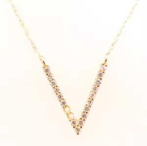 14K Solid Yellow Gold & Cubic Zirconia 'V' Necklace 18.2'' - Picture 1 of 6