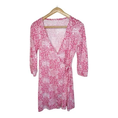 Vestido envolvente de algodón verde granate Hill talla mediana rosa blanco floral pergamino nuevo Foto 1 de 4