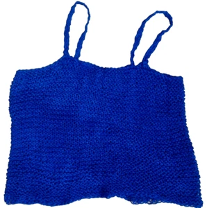 HANDKNIT SLEEVELESS TANK CROP TOP WOMENS S M THIN STRAP BLUE INDIGO 100% COTTON - Picture 1 of 12