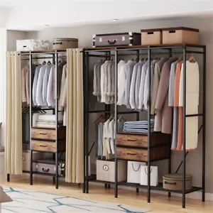 XXL Large Industrial Coat Rack Stand Bedroom Open Wardrobe w/ 2 Drawer Shelves - Picture 1 of 22