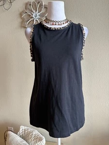 J. Crew Women's Black Sleeveless Blouse w/Ruffle Animal Print Trim - Sz S - Picture 1 of 9